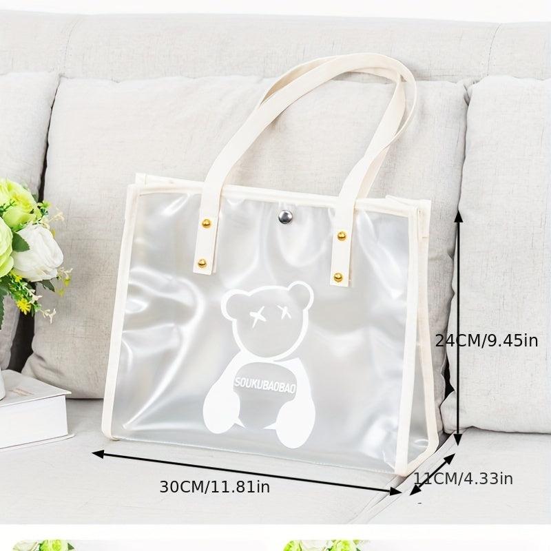 Cartoon Bear Print Transparent Jelly Tote Bag Waterproof PVC Handbag