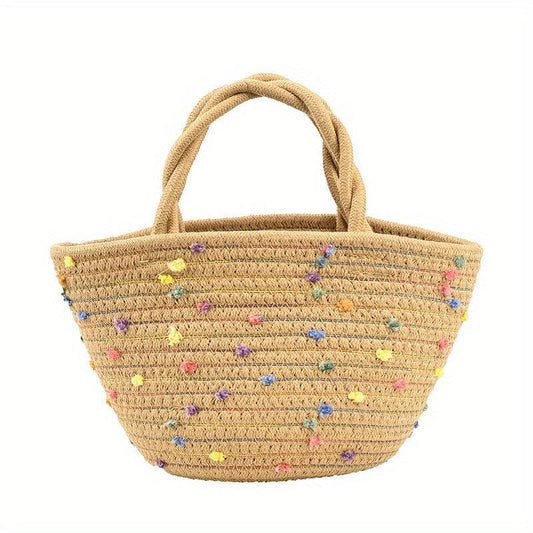 Minimalist Straw Satchel Bag With Colorful Dots Decor