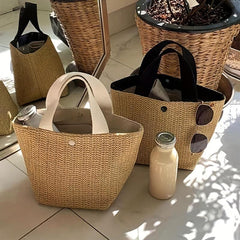 Straw Beach Handbag Magnet Weaving Portable Doble Handle Handbag