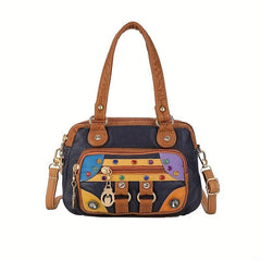 Retro Multicolor Faux Leather Shoulder Bag & Top Handle Purse