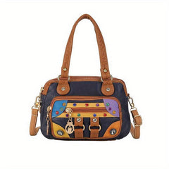 Retro Multicolor Faux Leather Shoulder Bag & Top Handle Purse