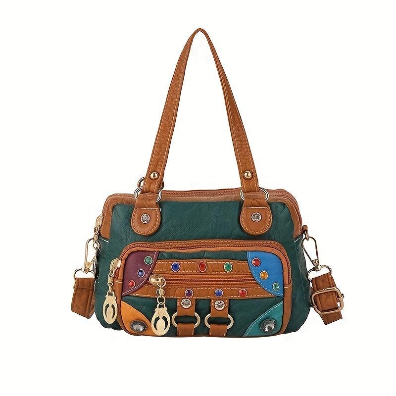 Retro Multicolor Faux Leather Shoulder Bag & Top Handle Purse