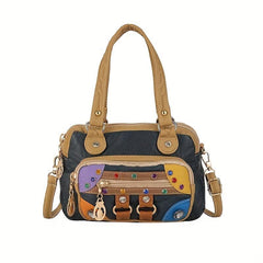 Retro Multicolor Faux Leather Shoulder Bag & Top Handle Purse