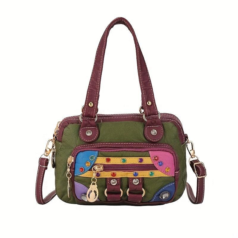 Retro Multicolor Faux Leather Shoulder Bag & Top Handle Purse