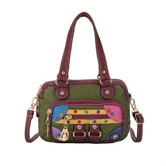Retro Multicolor Faux Leather Shoulder Bag & Top Handle Purse