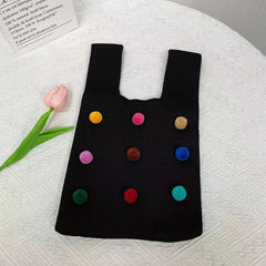 Knitted Tote Handbag Ball Decor Crochet Bag Vest Wrist Bag for Women