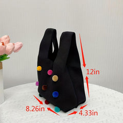 Knitted Tote Handbag Ball Decor Crochet Bag Vest Wrist Bag for Women