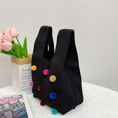 Knitted Tote Handbag Ball Decor Crochet Bag Vest Wrist Bag for Women