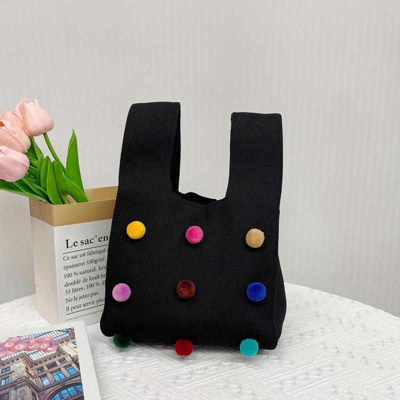 Knitted Tote Handbag Ball Decor Crochet Bag Vest Wrist Bag for Women