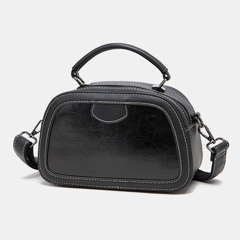 Retro Double Zipper Satchel Top Handle Bag Classic Solid Shoulder Bag