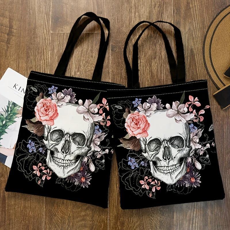 Vintage Skull & Flowers Canvas Bag Lightweight Shoulder Handbag