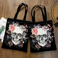 Vintage Skull & Flowers Canvas Bag Lightweight Shoulder Handbag