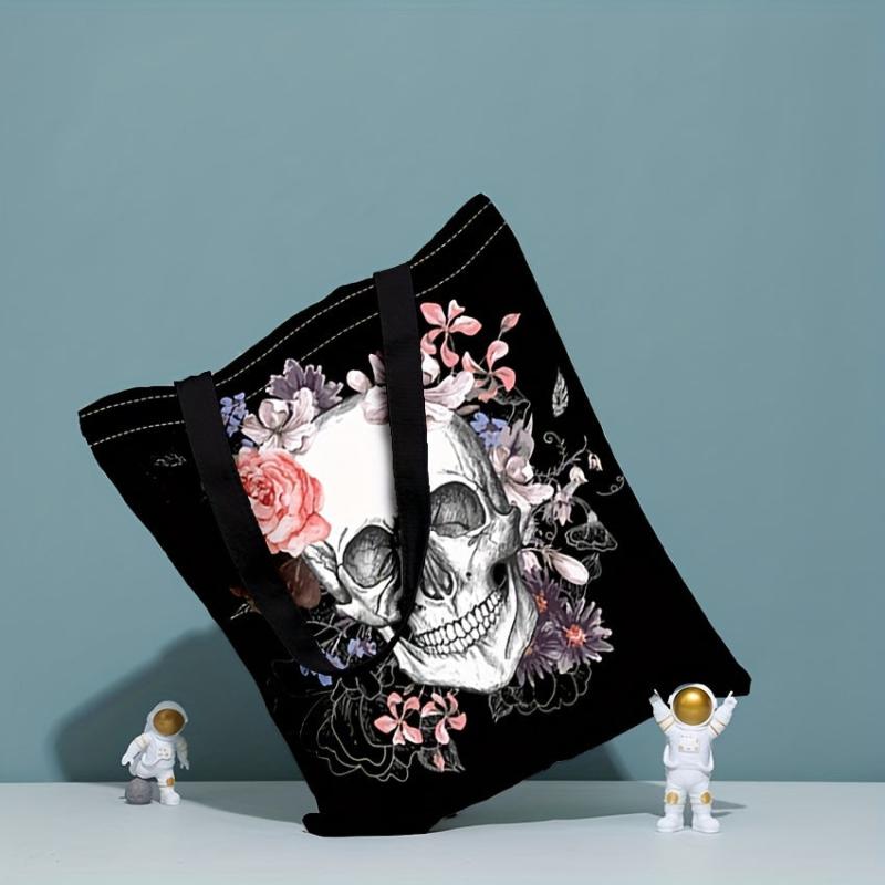 Vintage Skull & Flowers Canvas Bag Lightweight Shoulder Handbag