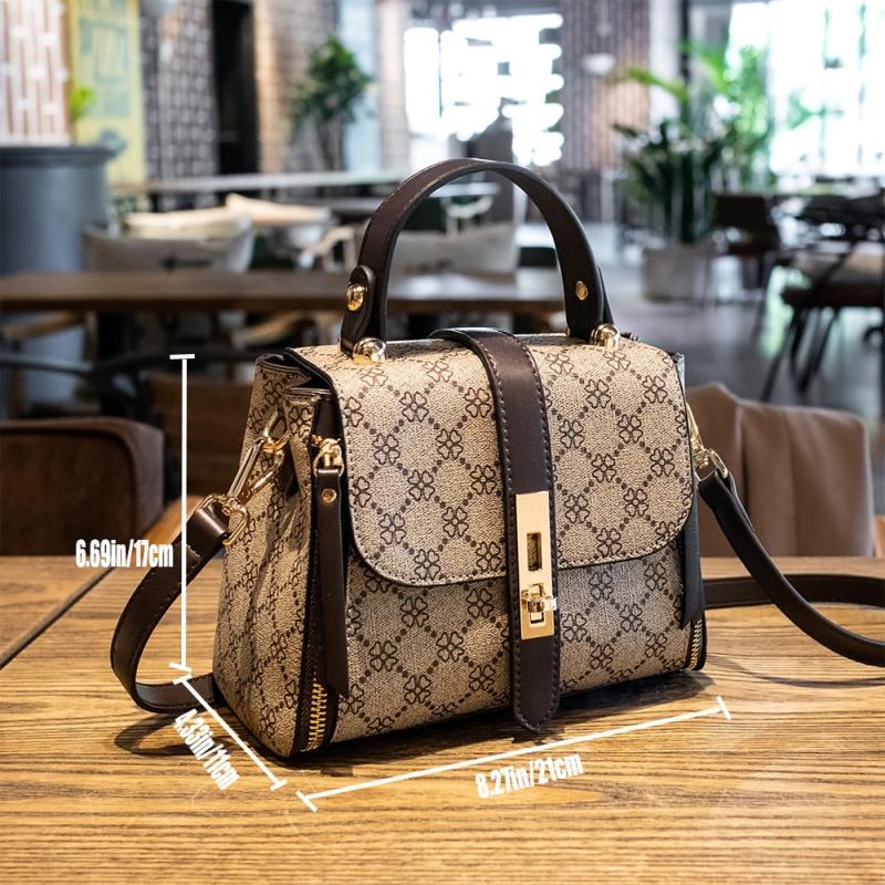 Geometric Print Shoulder Bag with Twist Lock Purse