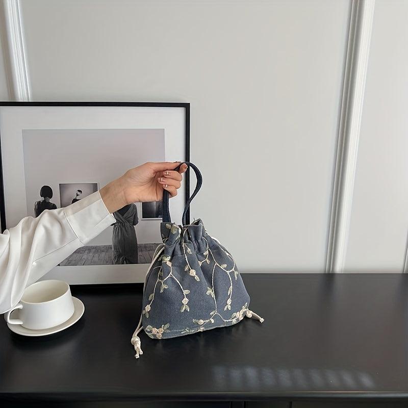 Flower Embroidery Canvas Handbag Drawstring Bucket Bag Purse