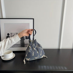 Flower Embroidery Canvas Handbag Drawstring Bucket Bag Purse