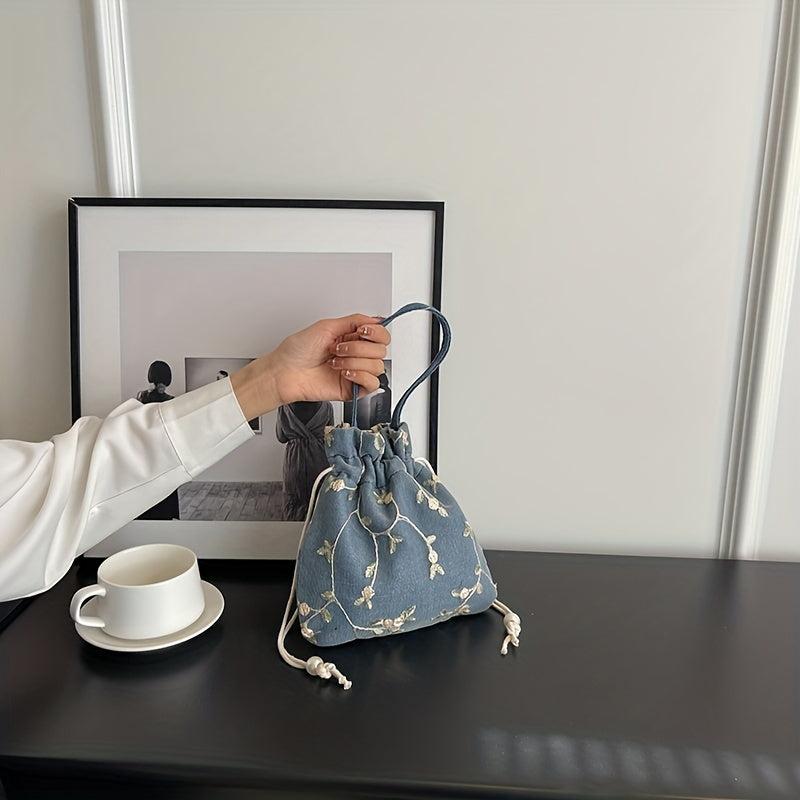 Flower Embroidery Canvas Handbag Drawstring Bucket Bag Purse