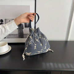 Flower Embroidery Canvas Handbag Drawstring Bucket Bag Purse