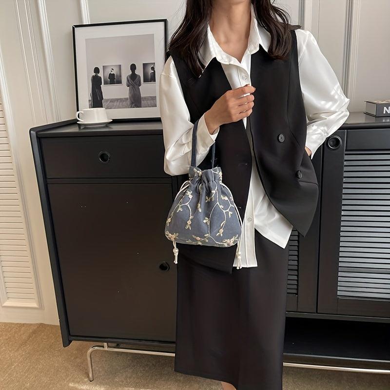 Flower Embroidery Canvas Handbag Drawstring Bucket Bag Purse