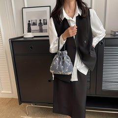 Flower Embroidery Canvas Handbag Drawstring Bucket Bag Purse