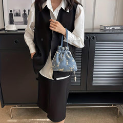 Flower Embroidery Canvas Handbag Drawstring Bucket Bag Purse