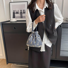 Flower Embroidery Canvas Handbag Drawstring Bucket Bag Purse