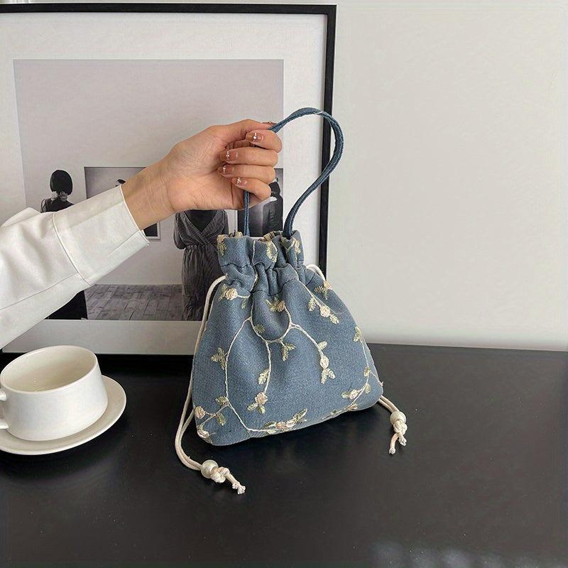 Flower Embroidery Canvas Handbag Drawstring Bucket Bag Purse
