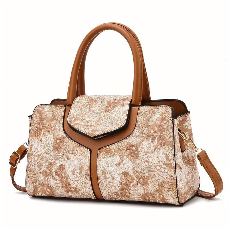 Vintage Line Flower Pattern Handbag Satchel Bag Large Capacity