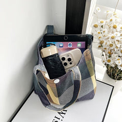 Plaid Pattern Canvas Tote Bag Colorblock Hand Lunch Purse