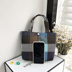 Plaid Pattern Canvas Tote Bag Colorblock Hand Lunch Purse