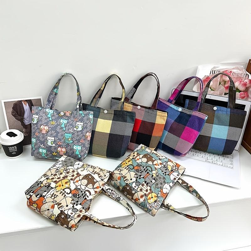 Plaid Pattern Canvas Tote Bag Colorblock Hand Lunch Purse