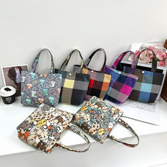 Plaid Pattern Canvas Tote Bag Colorblock Hand Lunch Purse