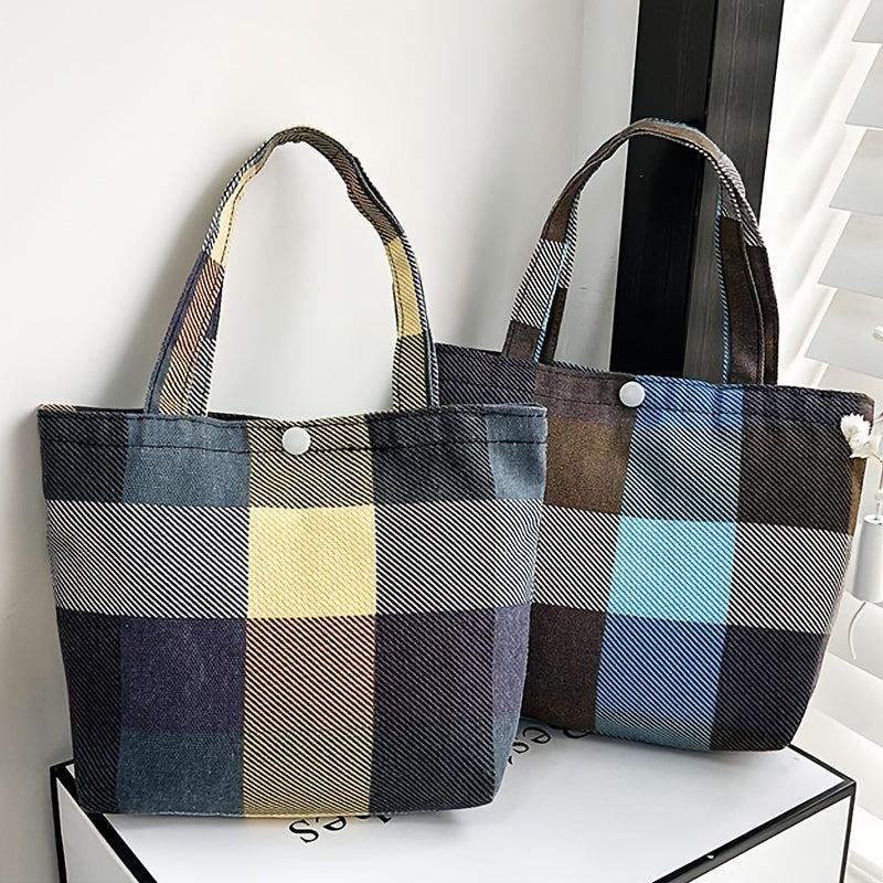 Plaid Pattern Canvas Tote Bag Colorblock Hand Lunch Purse
