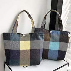 Plaid Pattern Canvas Tote Bag Colorblock Hand Lunch Purse