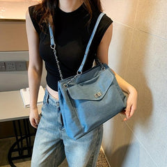 Large Capacity Denim Shoulder Bag with Turn Lock Chain Closure