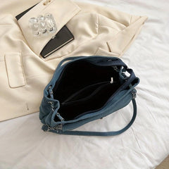 Large Capacity Denim Shoulder Bag with Turn Lock Chain Closure
