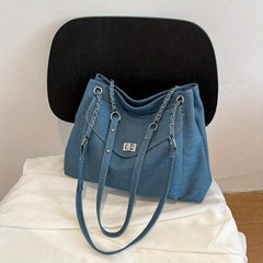 Large Capacity Denim Shoulder Bag with Turn Lock Chain Closure
