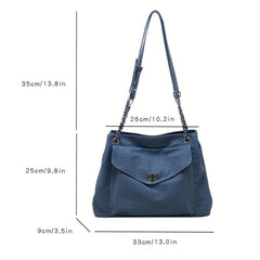 Large Capacity Denim Shoulder Bag with Turn Lock Chain Closure