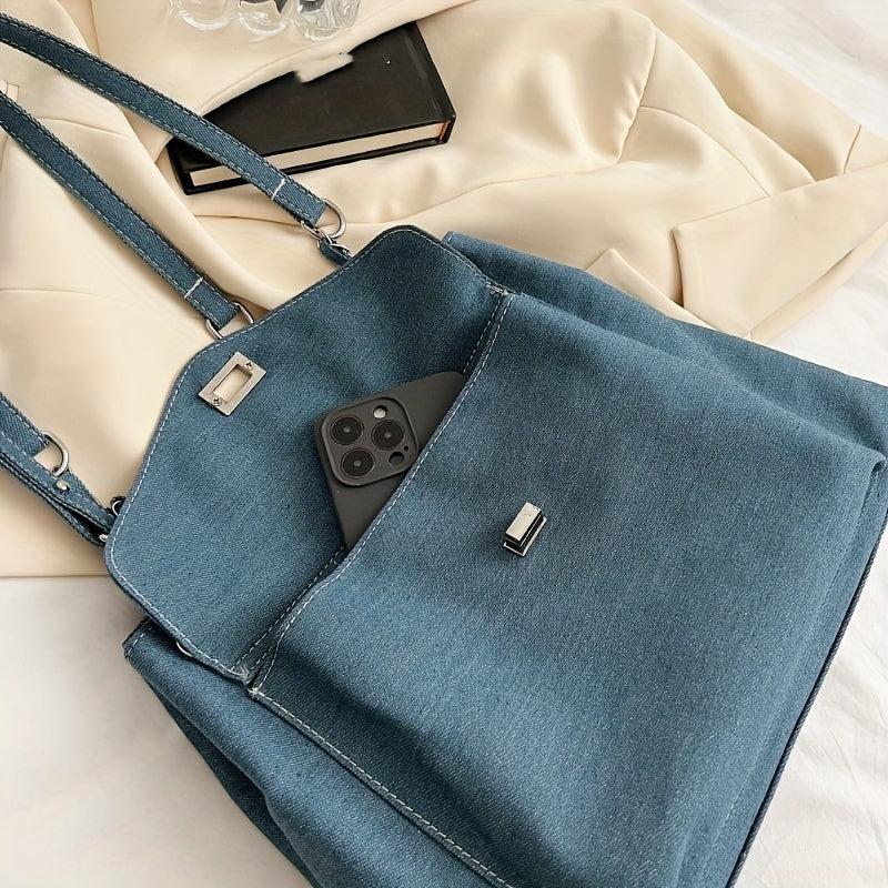 Large Capacity Denim Shoulder Bag with Turn Lock Chain Closure