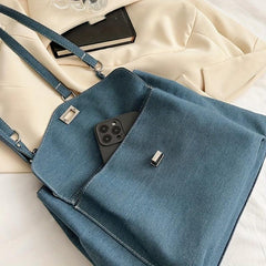 Large Capacity Denim Shoulder Bag with Turn Lock Chain Closure