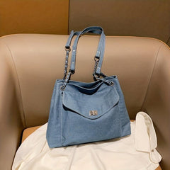 Large Capacity Denim Shoulder Bag with Turn Lock Chain Closure