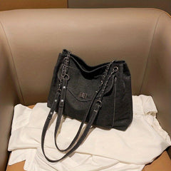 Large Capacity Denim Shoulder Bag with Turn Lock Chain Closure