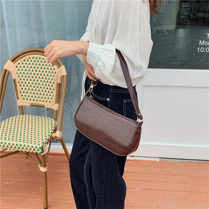 Retro Crocodile Pattern Underarm Bag PU Leather Textured Handbag