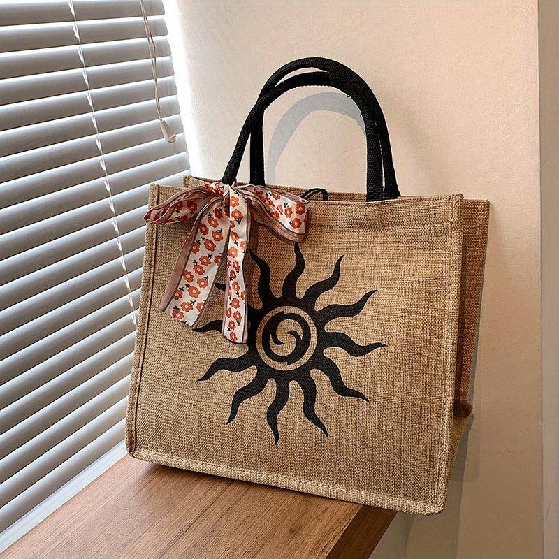 Vintage Printed Burlap Tote Bag Large Capacity Shoulder Bag