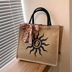 Vintage Printed Burlap Tote Bag Large Capacity Shoulder Bag