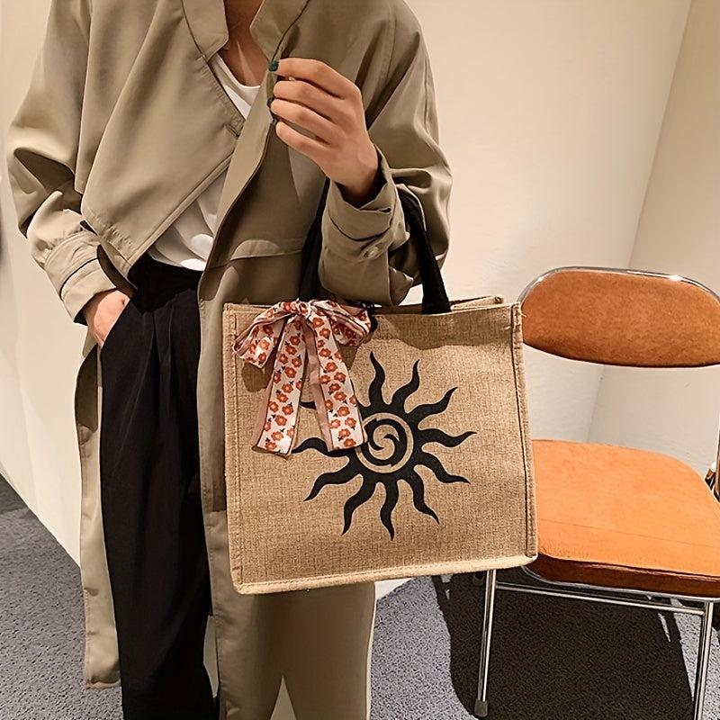 Vintage Printed Burlap Tote Bag Large Capacity Shoulder Bag