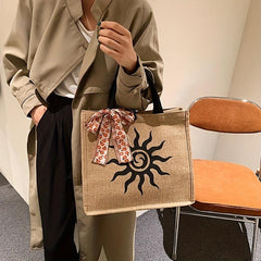Vintage Printed Burlap Tote Bag Large Capacity Shoulder Bag