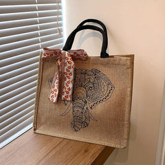 Vintage Printed Burlap Tote Bag Large Capacity Shoulder Bag