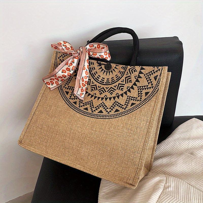 Vintage Printed Burlap Tote Bag Large Capacity Shoulder Bag