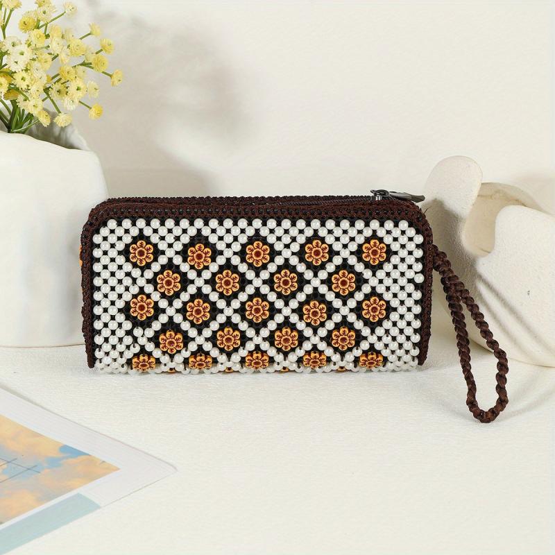 Colorful Bead Straw Decor Long Wallet Zipper Around Coin Purse